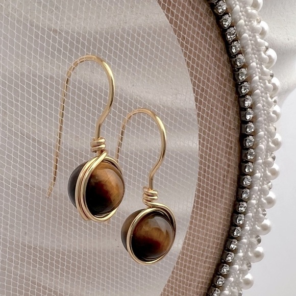 Tigers Eye Gold Wire Wrapped Minimalist Earrings - Picture 7 of 12